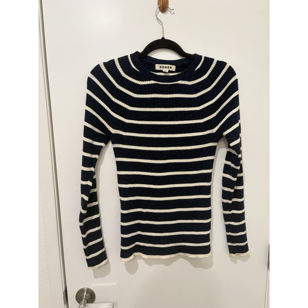 BODEN Effie Sparkle Stripe Crewneck Sweater Women’s Size M Navy Cream Shine